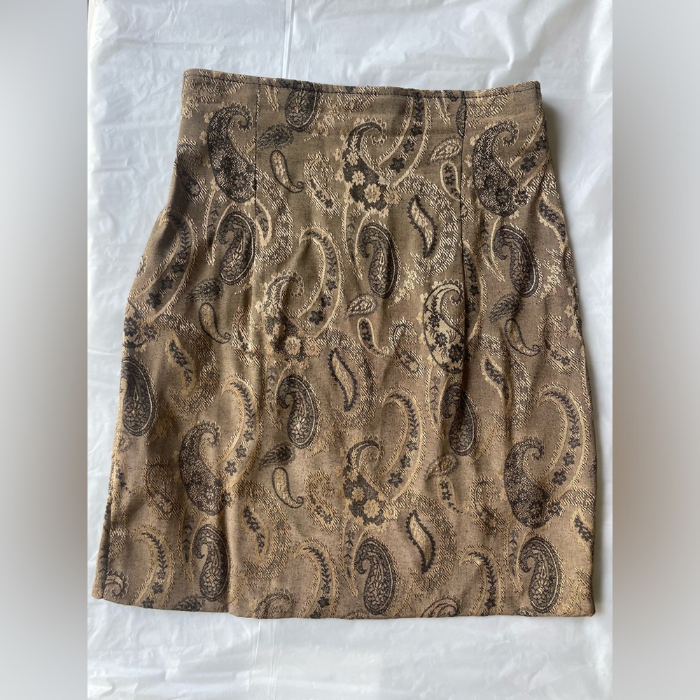 Vintage 90s Jacquard Damask Metallic Gold A-Line Pencil Skirt Koji Yohji S/M
